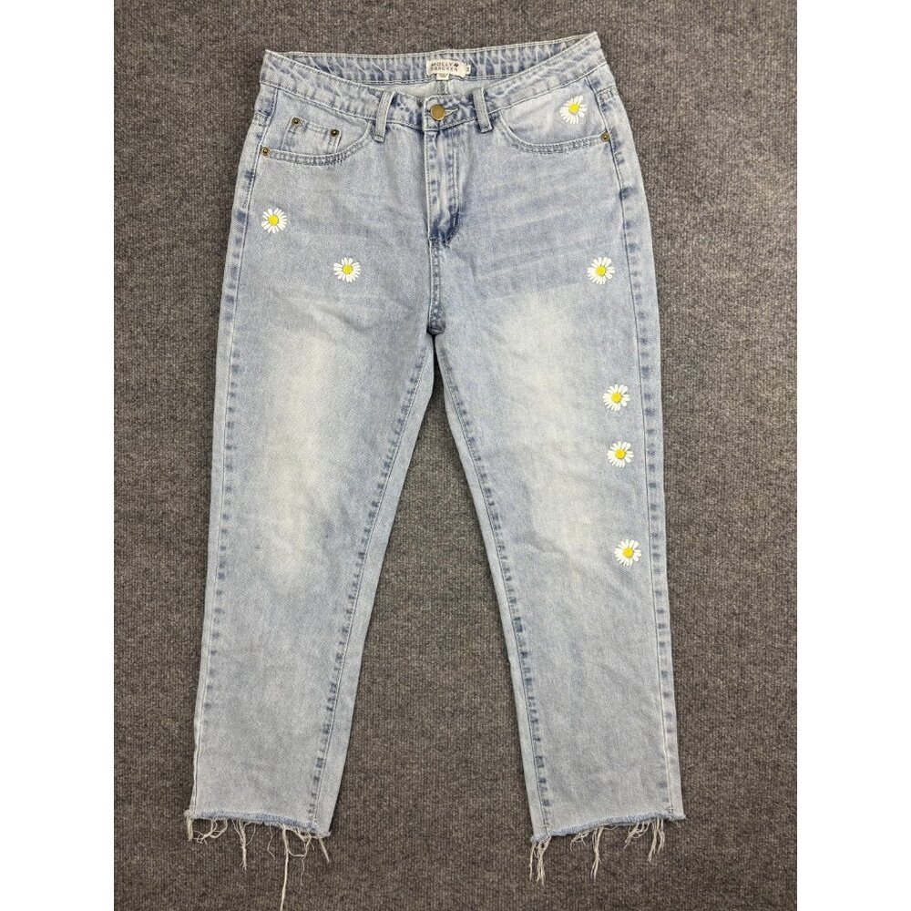 Molly Bracken Jeans Womens Small High Rise Mom Daisy Floral Embroidered Raw Hem‎